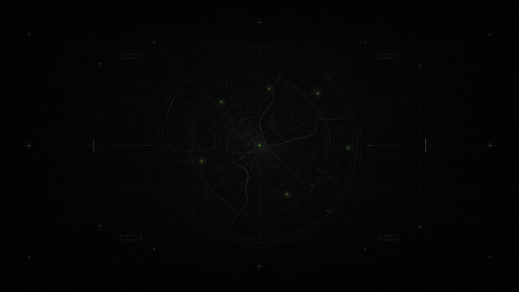 Dark radar map of a city with glowing signal points and coordinate markers